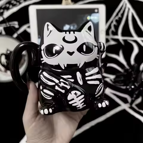 Halloween Gothic Black Ceramic Mug Cartoon Skeleton Cat Bat Unicorn Cup Kawaii Breakfast Milk Coffee