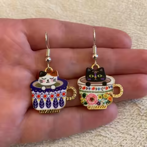 Cute Cat in A Teacup Dangle Earrings Charms Cat Drop Earrings Jewelry for Women Girls