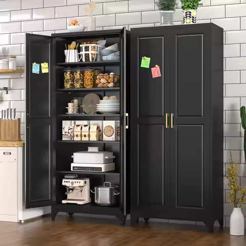 Polup 75" Pantry Cabinet with 5 Adjustable Shelving Tall Metal Storage Cabinet Black Modern Kitchen