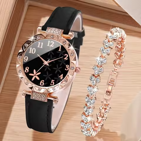 2PCS Women's Watch Set Luxury Trendy Flower Elements Digital Scale Dial Quartz Watch Suitable for Da