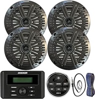 Kicker Weather-Resistant Marine Bluetooth USB RCA Stereo Receiver w/Remote Bundle with (Qty 4) 6.5" 2-Way 195W Max Coaxial Marine Speakers, Charcoal Salt Water Grilles, 50 Ft Wire, Antenna