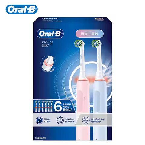 Oral-B Pro 2 Electric Toothbrush Blue & Pink Dual Pack 2 Handles 6 Heads Smart Pressure Sensor Timer