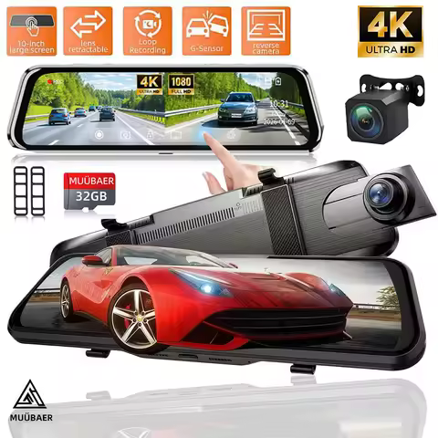 9.66" IPS Touchscreen Mirror Dash Cam - 4K/1080P Dual Lens, 32GB Card, Night Vision, 24H Parking, G-
