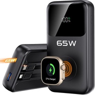 Power Bank 20000mAh 65W Laptop Portable Charger for Apple Watch Built-in Cables, USB C Fast Charging