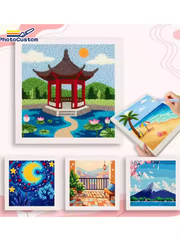 PhotoCustom Framed Courtyard Punch Needle Home Wall Art Decor Hobby Kits Landscape Punch Needle Kits