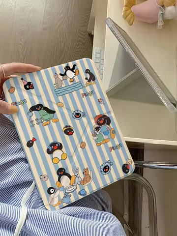 Korean Striped Penguin Y2k Tablet Case For iPad Pro 11 13in 2025 iPad Pro 12.9in Air7 10th 11th M4/5