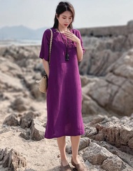 Đầm suông tay lỡ cổ vuông Linen bột Hàn Premium mềm mát không kén dáng mặc SLINEN