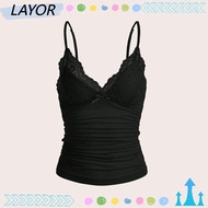 LAY V-neck Tank Top, Sexy Punk Lace V-neck Halter, Summer Lace Ruched Halter Top