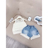 L15 Bộ quần áo bé gái Set áo lưới sát nách 2 lớp quần sooc bò jean cho bé gái đi du lịch đi biển