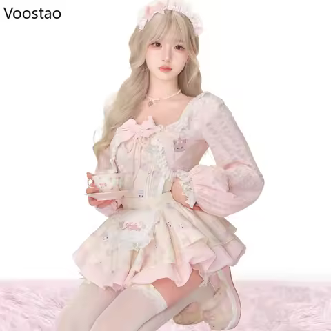 Japanese Kawaii Lolita Style 3 Piece Set Women Sweet Bow Lace Cardigan Crop Tops Cartoon Cat Print S