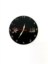 Jam Dinding kaligrafi minimalis aesthetic lafaz ALLAH MUHAMMAD diameter 29x29cm mesin sweep silent l