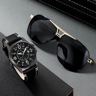 ชุดแว่นตาสำหรับผู้ชายแนวธุรกิจนาฬิกาควอตซ์แบบทหารสำหรับผู้ชายนาฬิกาหนังลำลองคลาสสิกผู้ชาย
