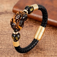 Feng Shui Obsidian Beads Bracelet For Men Leather Rope Stainless Steel Magnetic Clasp Handmade Tiger