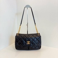 香奈兒/Chanel 黑金牛皮雙口袋CF Jumbo雙鏈條機場包