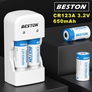 Beston ถ่านชาร์จ CR123A 3.2V 650mAh 2ก้อน พร้อมที่ชาร์จ แบตเตอรี่ CR123A