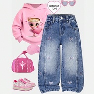 Young Casual Jeans, Sweet & Cute Pink Heart Embroidery, Distressed Blue Snow Wash, Mid-Rise Slim Fit