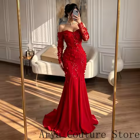 Glam Red Mermaid Wedding Guest Prom Gown Off Shoulder Sweetheart Neck Sheer Long Sleeve 3D Handmade 