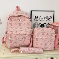 3pcs Nylon Bow Print Backpack Set,Foldable Multi-Po Cket Large CapacityWater-Resistant Zipper Backpa