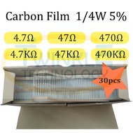 Resistor 0.25W 4.7ohm, 47ohm, 470ohm, 4.7Kohm, 47Kohm, 470Kohm 1/4W 5% 30 Units / PacK