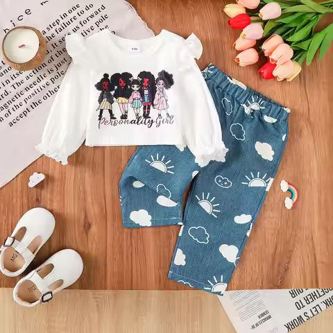 0-3Years Baby Girl Casual Set Cartoon Anime Pattern Top Cloud Printed Blue Pants Two Piece Set Toddl