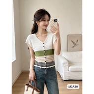 M3A30 V-neckline, front button closure, and striped green and white patterns.