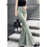 DaDuHey Women's Retro Washed Frayed Big Flared Jeans High Waist Wide Leg Pants Casual Fishtail Pants