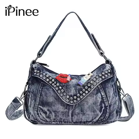 iPinee Women Fashion Bags Famous Brand Ladies Denim Handbag Blue Crossbody Bag for Women Casual Moto