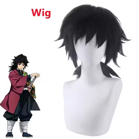 Tomioka Giyuu Cosplay Wig Long 40cm Black Ponytail Shaggy Layered Styling Wig Heat Resistant Synthet