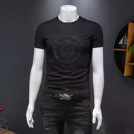 Z6D8F2 VERSACE151 Embroidered Mercerized Cotton Trendy Slim-fit Men's Round Neck Short-Sleeved t-Shi