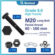 Newland Agriculture M20 Bolt and Nut - Grade 8.8 Hex Long Bolt Partial Thread / Nut / Skru / Screw P