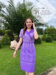 เดรสผ้าไทย S-4XL สีม่วง คอปก พ59