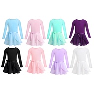 Girls Cotton Long Sleeves Ballet Dance Gymnastics Leotard with Chiffon Tied Skirt Outfit Set