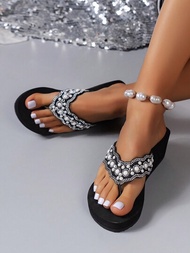 女士珍珠裝飾拖鞋，鑲嵌鑽石的楔形翻轉拖鞋，適合海灘婚禮