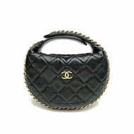 CHANEL 23C呼啦圈月牙包黑色羊皮金扣皮穿鏈肩背包