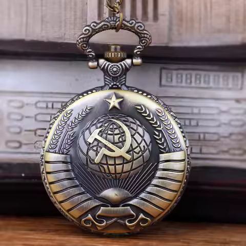 1 PCS Vintage Bronze Soviet Sickle Hammer Communist Style Quartz Pocket Watch Charm Women Man Neckla