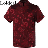 Loldeal Men Chinese Traditional Casual Dress Shirt Short Sleeves Tang Shirt Male Shirt Red for Summe