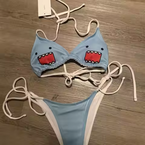 Ins Style Beachwear Bikini Women's Light Blue Shark Print Halter Tie Side Swimsuit