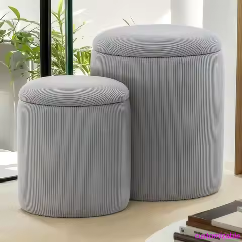 Round Ottoman with Storage, Set of 2, Small Vanity Stool as Vanity Chair, Corduroy Ottoman Foot Rest