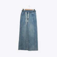 [CUMAR] Waist Strap Design Denim Wide Pants Blue