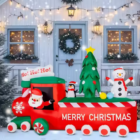 8Ft Christmas Inflatables Train Outdoor Decoration for Lawn with Santa Claus Penguin Snowman BlowUp