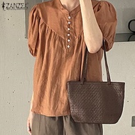 [ขายล้างสต๊อกราคาถูก] Celmia ZANZEA เสื้อเชิ้ตแขนพองสำหรับผู้หญิงเสื้อคอตั้งสไตล์เกาหลีเสื้อลำลองผ้าฝ้ายหลวม #10