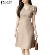 ZANZEA Women Korean Fashion Solid Color V-Neck Puff Sleeve Party Mini Dress