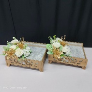 1 PCS | GUBAHAN SIAP DULANG KAYU HANTARAN DENGAN BUNGA EMAS & BUNGA ROS/ WOODEN GIFT TRAY WITH ROSE 