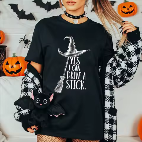 Women's Yes I Can Drive A Stick Graphic Print T-Shirt Funny Halloween Witch Tee T Shirt Spooky Party