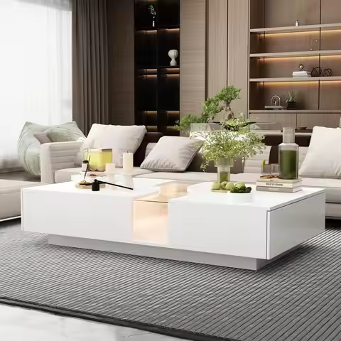 Modern Coffee Table with Lights & Glass Tabletop,Living Room Coffee Table with 2 Drawers,Central Tab