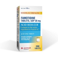 Glenmark Maximum Strength Famotidine Tablets, 20 mg, Acid Reducer for Heartburn Relief, 200 Count