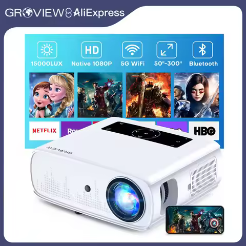 GROVIEW 1080P Projector, 15000 Lux, 490 ANSI, WiFi/Bluetooth, 300'' Screen, 4K Support, Zoom, 5G Syn