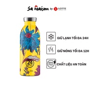 24Bottles Clima 500ml vacuum thermos, stainless steel, blue chrysanthemum pattern on yellow backgrou