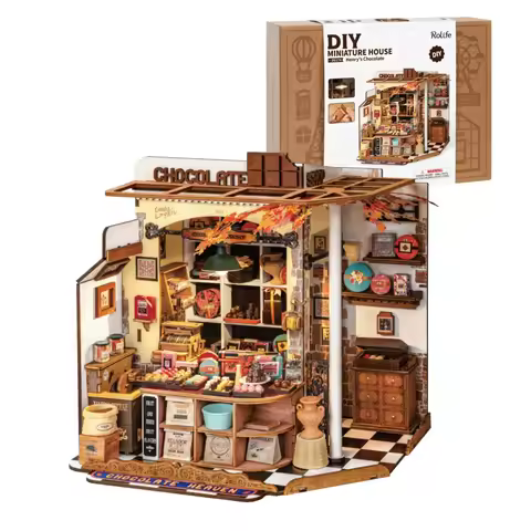 Robotime Rolife Henry's Chocolate DIY Miniature House Kit Wooden Dollhouse Model Building Kit With L