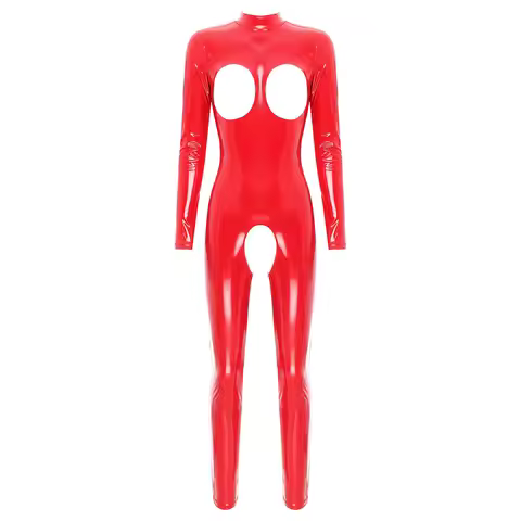 Womens Lingerie Hollow Out Crotchless Latex Jumpsuit Open Chest Long Sleeve Catsuit Costume Patent L